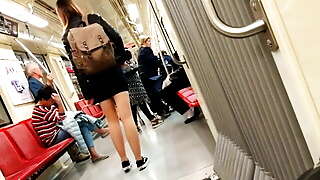 Candid voyeur teen pantyhose legs and miniskirt