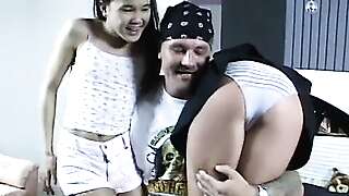 Young coeds with no tits grab giant cock and get fucked on bed