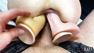 Now, fucking on my fist and three cocks, this girl'_s pussy is stretched as coarsely as it can be stretched.