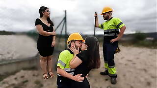 Construction worker fucks curious girl and cums inside.