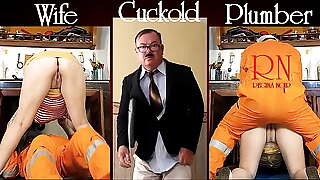 Cheating housewife, plumber and cuckold husband at the kitchen. Scene 2