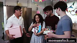 Three Stepsons Have Group Anal Sex With Their Stepmom On Her BD
